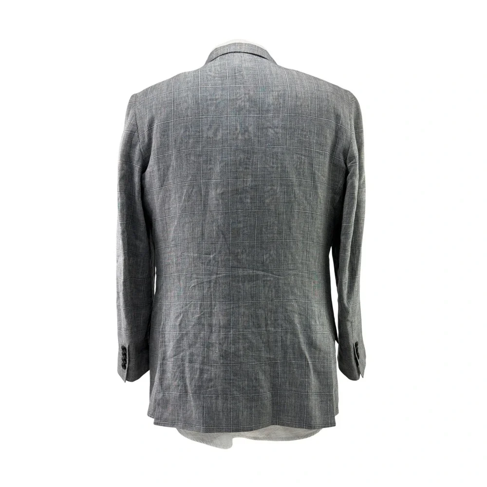 Turnbull & Asser Mens 44R Sport Coat Gray Blue Linen Wool Silk Plaid‎ Made Italy